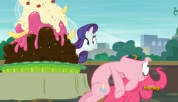Size: 1634x937 | Tagged: safe, screencap, pinkie pie, rarity, g4, the gift of the maud pie, discovery family logo, food, ice cream, panic, sundae, tongue out