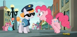 Size: 1573x765 | Tagged: safe, screencap, copper top, luckette, pinkie pie, ruby pinch, silver berry, strawberry ice, earth pony, pony, g4, season 6, the gift of the maud pie, background pony, discovery family logo, police, police pony, sunglasses