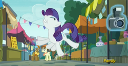 Size: 2481x1281 | Tagged: safe, screencap, rarity, g4, season 6, the gift of the maud pie, animation error, behaving like pinkie pie, camera, discovery family logo, great moments in animation, hornless unicorn, missing horn