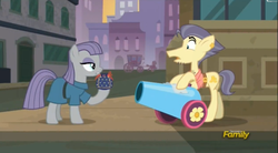 Size: 2473x1361 | Tagged: safe, screencap, maud pie, street rat, earth pony, pony, g4, the gift of the maud pie, discovery family logo, female, male, manehattan, mare, maud being maud, party cannon, pouch, rock pouch, stallion, the fire in her eyes, tranquil fury
