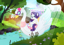 Size: 1024x717 | Tagged: safe, artist:pixelkitties, coco pommel, rarity, earth pony, pony, unicorn, g4, my little pony: friendship is magic, the gift of the maud pie, corral park, female, manehattan, mare, solo focus, swan boat, that was fast