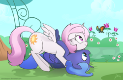 Size: 1754x1136 | Tagged: safe, artist:wonkysole, princess celestia, princess luna, alicorn, butterfly, pony, g4, 2016, cewestia, cute, duo, female, filly, flower, foal, looking at something, old art, pink-mane celestia, playing, royal sisters, siblings, sisters, sports, woona, wrestling, younger