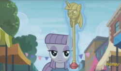 Size: 1268x738 | Tagged: safe, screencap, maud pie, g4, my little pony: friendship is magic, the gift of the maud pie, discovery family logo, never forget, offscreen character, scepter, twilight scepter