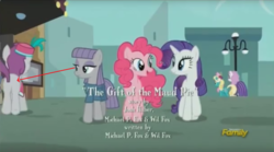 Size: 1594x889 | Tagged: safe, screencap, honey curls, mare e. lynn, maud pie, pinkie pie, rarity, silver berry, viola (g4), g4, the gift of the maud pie, animation error