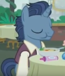 Size: 487x570 | Tagged: safe, screencap, waxton, pony, unicorn, g4, the gift of the maud pie, crayon, eyes closed, food, horn, male, restaurant, soup, stallion