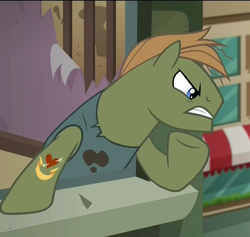 Size: 789x748 | Tagged: safe, screencap, wylin slobinzki, earth pony, pony, g4, the gift of the maud pie, angry, clothes, frown, male, scowl, shirt, solo, stain, stallion, tattoo, threatening, thug