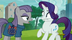 Size: 1273x715 | Tagged: safe, screencap, maud pie, rarity, g4, the gift of the maud pie, discovery family logo, freaked out, lip bite, manehattan, nervous, pouch, rock pouch, saddle bag, sweat, teleportation, wide eyes