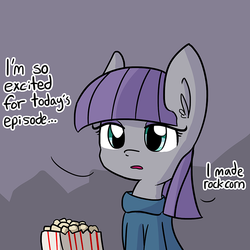 Size: 726x726 | Tagged: safe, artist:tjpones, maud pie, earth pony, pony, g4, the gift of the maud pie, clothes, dialogue, female, food, mare, open mouth, popcorn, solo