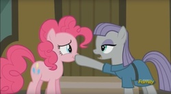 Size: 1602x887 | Tagged: safe, screencap, maud pie, pinkie pie, g4, the gift of the maud pie, boop, discovery family logo, mouth hold, nose wrinkle