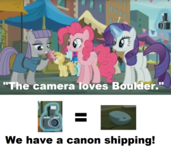 Size: 1596x1402 | Tagged: safe, edit, edited screencap, screencap, boulder (g4), maud pie, pinkie pie, rarity, earth pony, pony, unicorn, g4, the gift of the maud pie, bouldcam, camera, cargo ship, crack shipping, female, image macro, mare, meme, pun, shipping