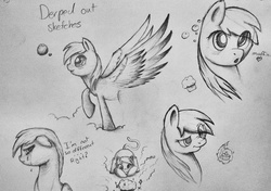 Size: 1024x720 | Tagged: safe, artist:rain-gear, derpy hooves, cat pony, original species, pegasus, pony, g4, cloud, crying, cute, female, food, magic, mare, muffin, nya, sketch, sketch dump, traditional art