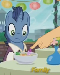 Size: 516x637 | Tagged: safe, edit, edited screencap, screencap, waxton, g4, the gift of the maud pie, boop, boop edit, crayon, finger, food, frown, hand, soup, wide eyes