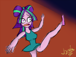 Size: 1100x825 | Tagged: safe, artist:jyxia, aria blaze, equestria girls, g4, my little pony equestria girls: rainbow rocks, alternate hairstyle, anatomically incorrect, ballerina, ballet, clothes, dancing, dress, female, incorrect leg anatomy, noob, open mouth, short dress, simple background, solo, stage, wide eyes