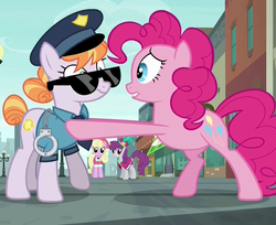 Size: 1055x862 | Tagged: safe, screencap, copper top, luckette, pinkie pie, silver berry, earth pony, pony, g4, the gift of the maud pie, bipedal, female, mare, police officer, police pony, this will end in jail time