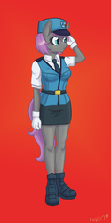 Size: 960x1920 | Tagged: safe, artist:naomiknight17, oc, oc only, oc:osaeru, bat pony, anthro, plantigrade anthro, anthro oc, police officer, police uniform, salute, solo