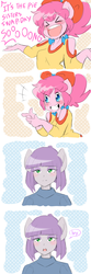 Size: 1600x4800 | Tagged: safe, artist:thegreatrouge, maud pie, pinkie pie, earth pony, anthro, g4, the gift of the maud pie, comic, dialogue, duo, female, pie sister swap day song, scene interpretation, siblings, singing, sisters, speech bubble