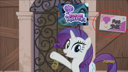 Size: 1366x768 | Tagged: safe, edit, edited screencap, screencap, rarity, g4, the gift of the maud pie, discovery family logo, explore equestria, padlock, pointing, reference, sale