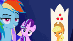 Size: 640x360 | Tagged: safe, screencap, applejack, fluttershy, pinkie pie, rainbow dash, rarity, starlight glimmer, g4, the crystalling, animated, female, snickering