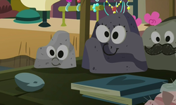 Size: 1443x863 | Tagged: safe, screencap, boulder (g4), g4, the gift of the maud pie, book, googly eyes, hat, jewelry, pet rock, solo