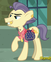 Size: 719x873 | Tagged: safe, screencap, street rat, g4, the gift of the maud pie, bag, belt, chest hair, clothes, cropped, discovery family logo, earring, gold tooth, manehattan, medallion, piercing, pouch, pouch pony, rock pouch, shirt, solo, stubble