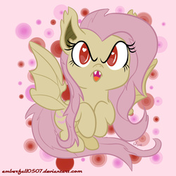 Size: 1024x1024 | Tagged: safe, artist:emberfall0507, fluttershy, bat pony, pony, g4, abstract background, chibi, female, flutterbat, heart eyes, looking at you, open mouth, red eyes, solo, spread wings, wingding eyes