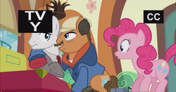 Size: 1322x692 | Tagged: safe, screencap, pinkie pie, g4, the gift of the maud pie, background pony, clothes, del griffith, grin, hoof around neck, hooves around shoulder, john candy, neal page, necktie, neighl page, not gay, out of context, planes trains and automobiles, steve martin, tv-y, uncomfortable, unnamed character, unnamed pony