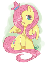 Size: 1500x2100 | Tagged: safe, artist:lunakai, fluttershy, butterfly, g4, commission, female, hair over one eye, looking at you, raised hoof, sitting, solo, spread wings