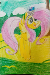 Size: 2151x3204 | Tagged: safe, artist:rosefireflower, fluttershy, g4, basket, color correction, colored pencil drawing, easter, easter basket, easter egg, eastershy, female, high res, missing cutie mark, open mouth, solo, spread wings, standing, traditional art