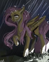 Size: 1900x2400 | Tagged: safe, artist:gekatinia, fluttershy, g4, crying, female, floppy ears, folded wings, looking at you, messy mane, rain, raised hoof, sad, solo, standing