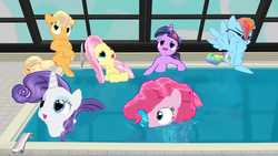 Size: 1280x720 | Tagged: safe, artist:ガラムマサラ別館, applejack, fluttershy, pinkie pie, rainbow dash, rarity, twilight sparkle, g4, 3d, mane six, mmd, osomatsu-san, swimming pool, that pool, youtube link