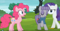 Size: 1401x742 | Tagged: safe, screencap, maud pie, pinkie pie, rarity, g4, the gift of the maud pie, discovery family logo, pouch, rock pouch, smiling, when she smiles