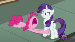 Size: 853x477 | Tagged: safe, screencap, pinkie pie, rarity, g4, the gift of the maud pie, begging, discovery family logo, uncomfortable