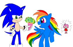 Size: 882x574 | Tagged: safe, artist:carol-aredesu, rainbow dash, g4, amy rose, crossover, crossover shipping, female, interspecies, male, shipping, simple background, sonic the hedgehog, sonic the hedgehog (series), sonicdash, straight, white background