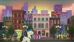 Size: 1920x1080 | Tagged: safe, screencap, blueberry curls, joan pommelway, luckette, lucky breaks, maud pie, pegasus olsen, peggy holstein, pinkie pie, rarity, earth pony, pony, unicorn, g4, the gift of the maud pie, architecture, background pony, building, carriage, delegate 2, discovery family logo, female, male, manehattan, mare, saddle row, stallion, taxi, taxi pony, umbrella, unnamed character, unnamed pony