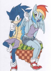 Size: 2500x3501 | Tagged: safe, artist:mohawkrex, rainbow dash, anthro, g4, crossover, crossover shipping, female, interspecies, male, shipping, sonic the hedgehog, sonic the hedgehog (series), sonicdash, straight