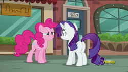 Size: 852x479 | Tagged: safe, screencap, pinkie pie, rarity, g4, the gift of the maud pie, discovery family logo