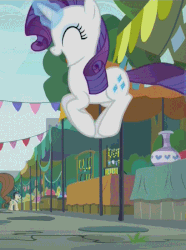 Size: 521x700 | Tagged: safe, screencap, lucky breaks, rarity, pony, unicorn, g4, season 6, the gift of the maud pie, animated, behaving like pinkie pie, bouncing, cute, excited, eyes closed, female, gif, glowing horn, happy, horn, jumping, mare, open mouth, pronking, raribetes, solo