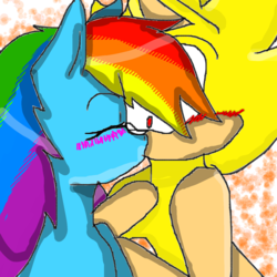 Size: 1200x1200 | Tagged: safe, artist:keopuolani, rainbow dash, g4, blushing, crossover, crossover shipping, female, interspecies, kissing, male, shipping, sonic the hedgehog, sonic the hedgehog (series), sonicdash, straight, super sonic