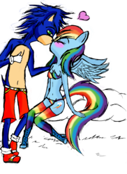 Size: 2550x3509 | Tagged: safe, artist:misaspuppy, rainbow dash, anthro, plantigrade anthro, g4, belly button, blushing, breasts, crossover, female, heart, high res, interspecies, kissing, male, request, shipping, simple background, sonic the hedgehog, sonic the hedgehog (series), sonicdash, straight, transparent background