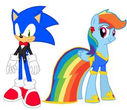 Size: 1930x1675 | Tagged: safe, artist:megaartist923, rainbow dash, pony, g4, clothes, crossover, dress, male, simple background, sonic the hedgehog, sonic the hedgehog (series), tuxedo, white background