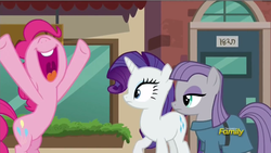 Size: 853x480 | Tagged: safe, screencap, maud pie, pinkie pie, rarity, g4, the gift of the maud pie, discovery family logo, open mouth, volumetric mouth