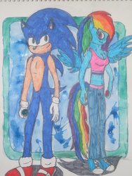 Size: 2448x3264 | Tagged: safe, artist:artraver, rainbow dash, anthro, plantigrade anthro, g4, crossover, high res, male, sonic the hedgehog, sonic the hedgehog (series), sonicified, traditional art, watercolor painting