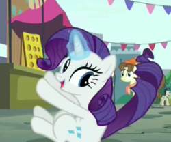 Size: 600x500 | Tagged: safe, screencap, lucky breaks, pegasus olsen, peggy holstein, rarity, g4, the gift of the maud pie, behaving like pinkie pie, bouncing, female, solo