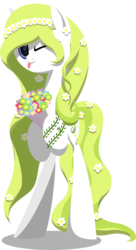 Size: 1437x2633 | Tagged: safe, artist:zacatron94, oc, oc only, oc:daisy chain, pony, bipedal, bipedal leaning, bouquet, flat colors, floral head wreath, flower, holding, lineless, looking at you, simple background, solo, tongue out, transparent background, wink