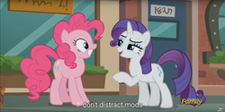 Size: 1920x960 | Tagged: safe, screencap, pinkie pie, rarity, g4, the gift of the maud pie, discovery family logo, meme, youtube caption