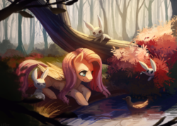 Size: 2006x1439 | Tagged: safe, artist:siffou, angel bunny, fluttershy, duck, rabbit, g4, folded wings, forest, lying down, pond, prone