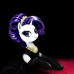 Size: 1800x1800 | Tagged: safe, artist:kutakoru, rarity, g4, the gift of the maud pie, alternate hairstyle, audrey hepburn, beautiful, breakfast at tiffany's, bust, clothes, dress, evening gloves, female, gloves, holly golightly, jewelry, leaning, looking at you, portrait, smiling, solo