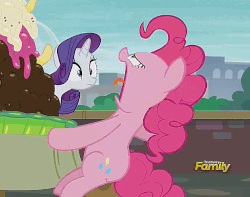 Size: 628x495 | Tagged: safe, screencap, pinkie pie, rarity, g4, the gift of the maud pie, animated, cropped, discovery family logo, female, food, ice cream, sundae