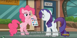 Size: 1920x960 | Tagged: safe, screencap, pinkie pie, rarity, g4, the gift of the maud pie, discovery family logo, meme, youtube caption