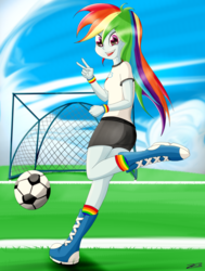 Size: 2500x3300 | Tagged: safe, artist:jabbie64, rainbow dash, equestria girls, g4, ass, ball, boots, butt, clothes, compression shorts, cute, female, field, football, happy, high res, open mouth, peace sign, rainbow socks, rainbutt dash, raised leg, remake, running, signature, smiling, socks, solo, sports, striped socks